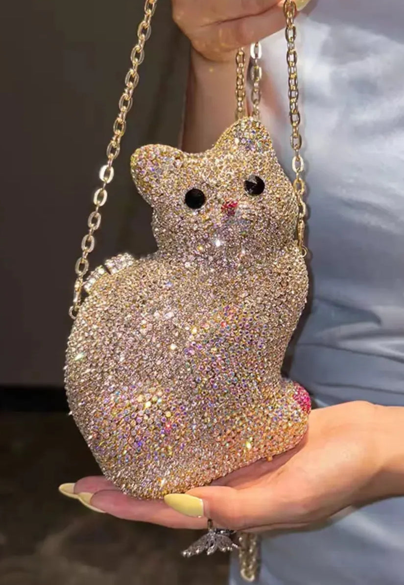 Cat Crystal Silver Clutch