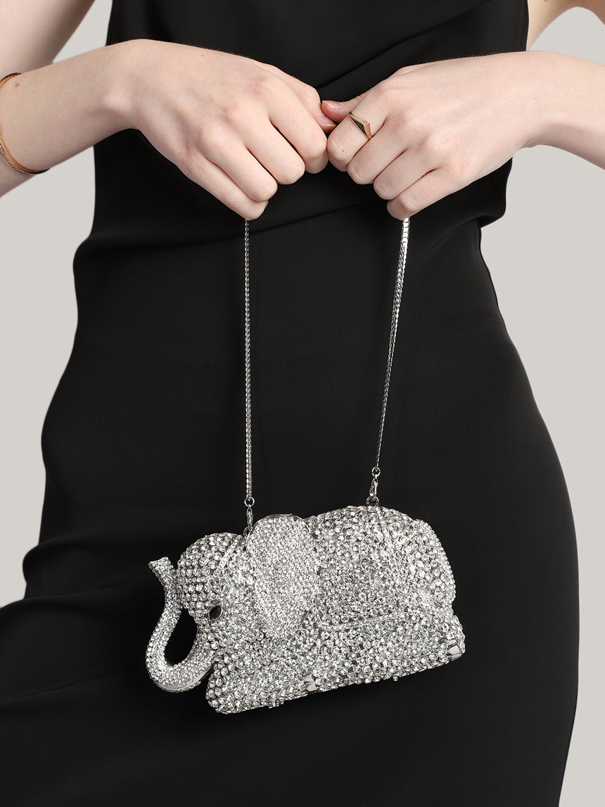 Elephant Crystal Silver Clutch