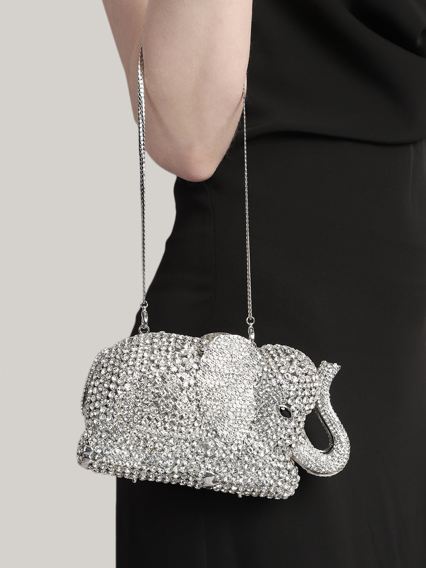 Elephant Crystal Silver Clutch