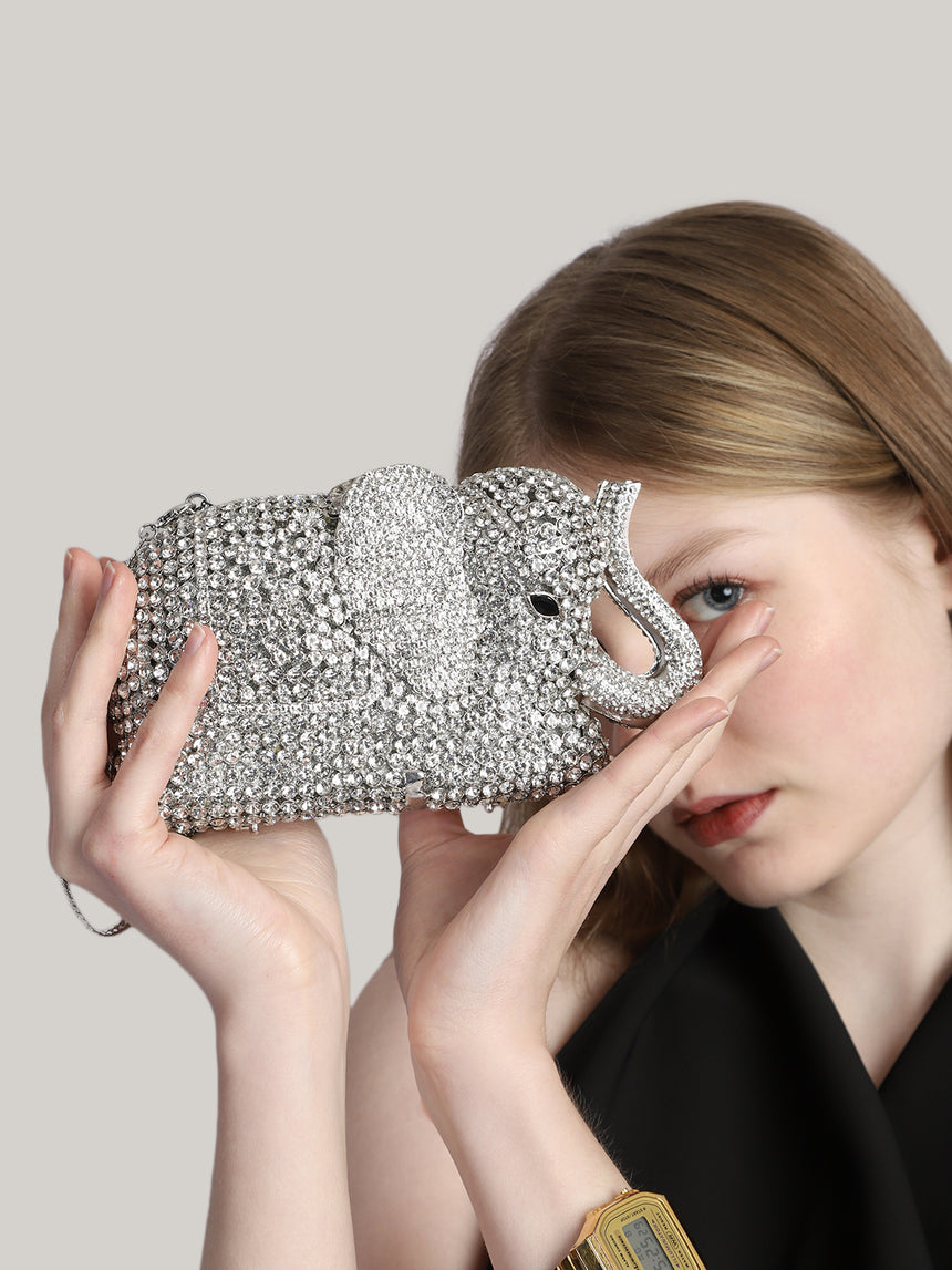 Elephant Crystal Silver Clutch