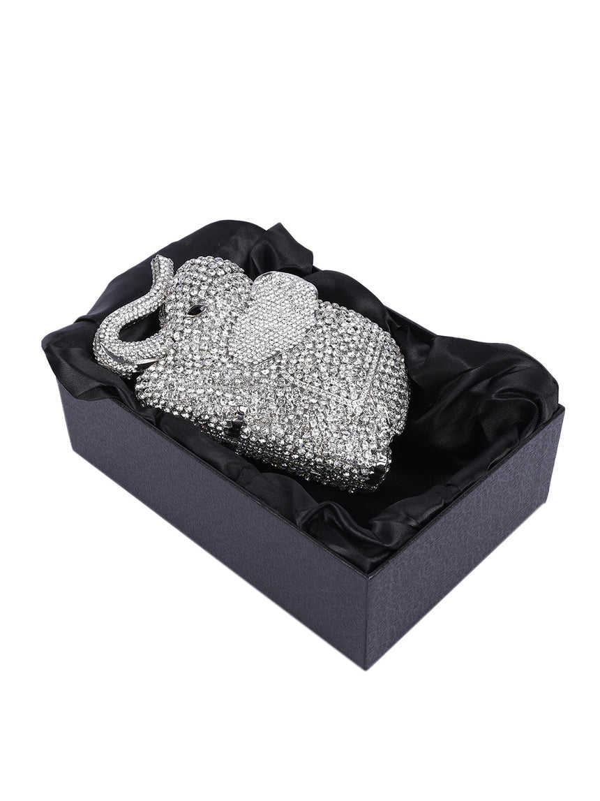 Elephant Crystal Silver Clutch