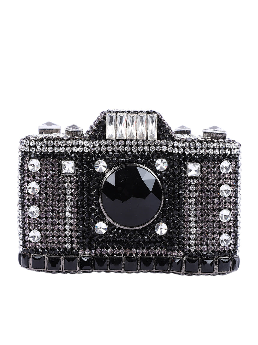 Camera Crystal Black Clutch