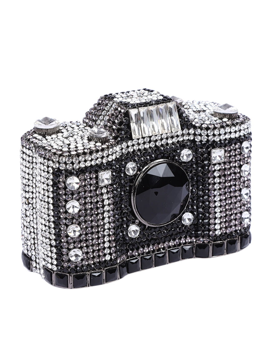 Camera Crystal Black Clutch