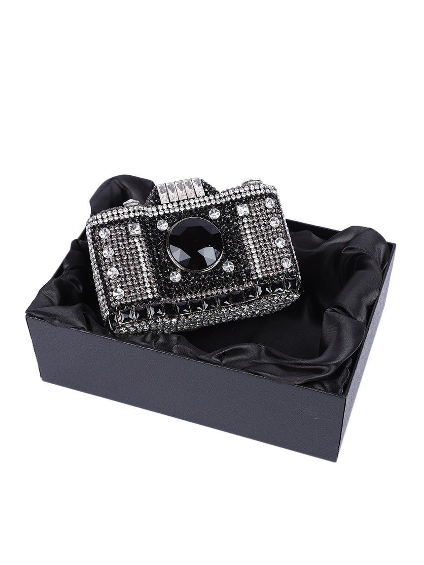 Camera Crystal Black Clutch