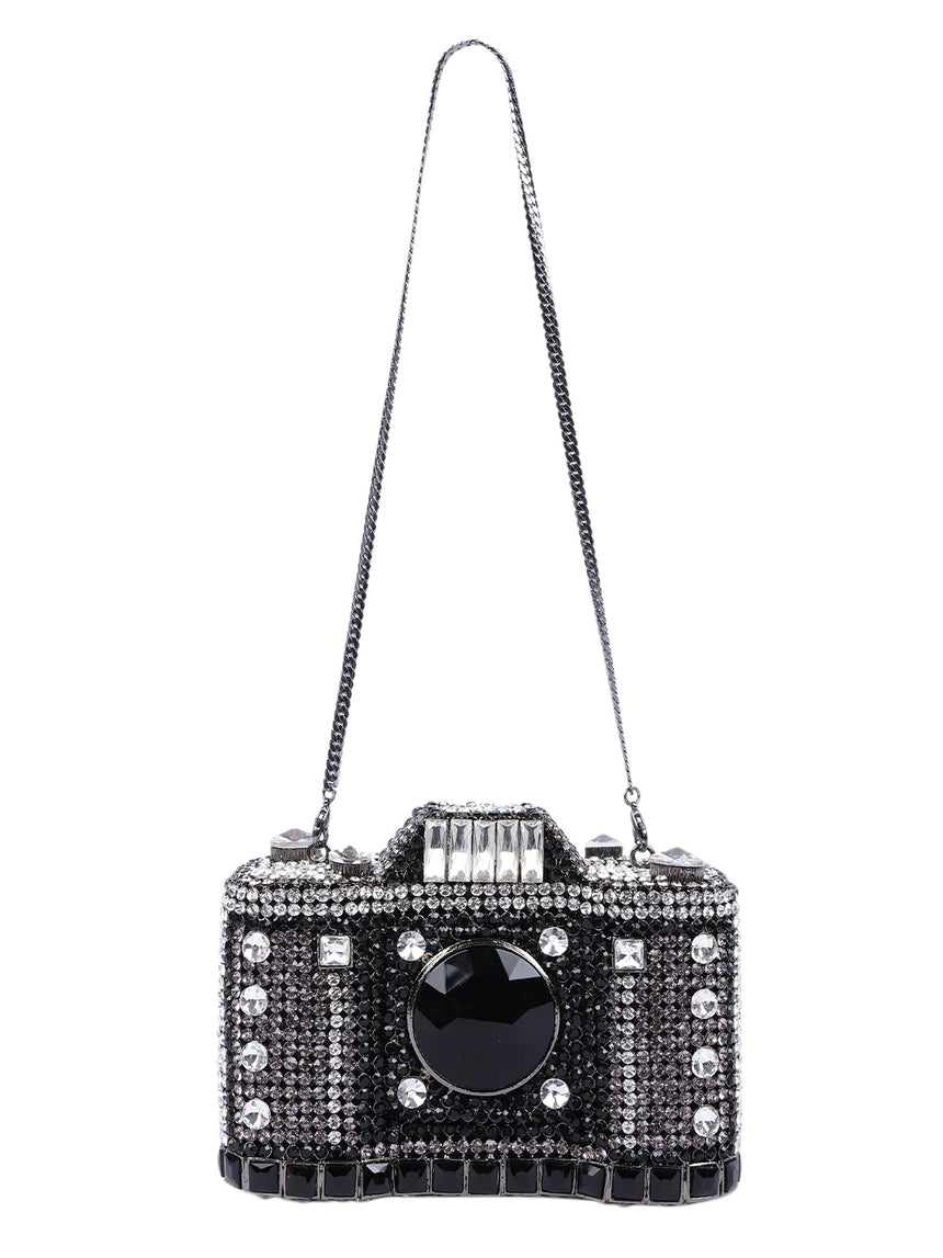 Camera Crystal Black Clutch