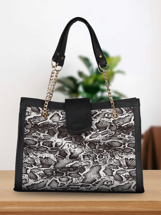 MINI WESST Black And White Textured Tote Bag(MWTB089SN)