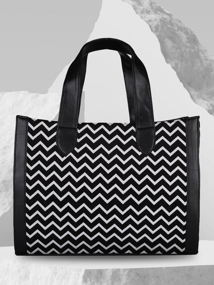 MINI WESST Black And White Textured Tote Bag(MWTB094ZIG)
