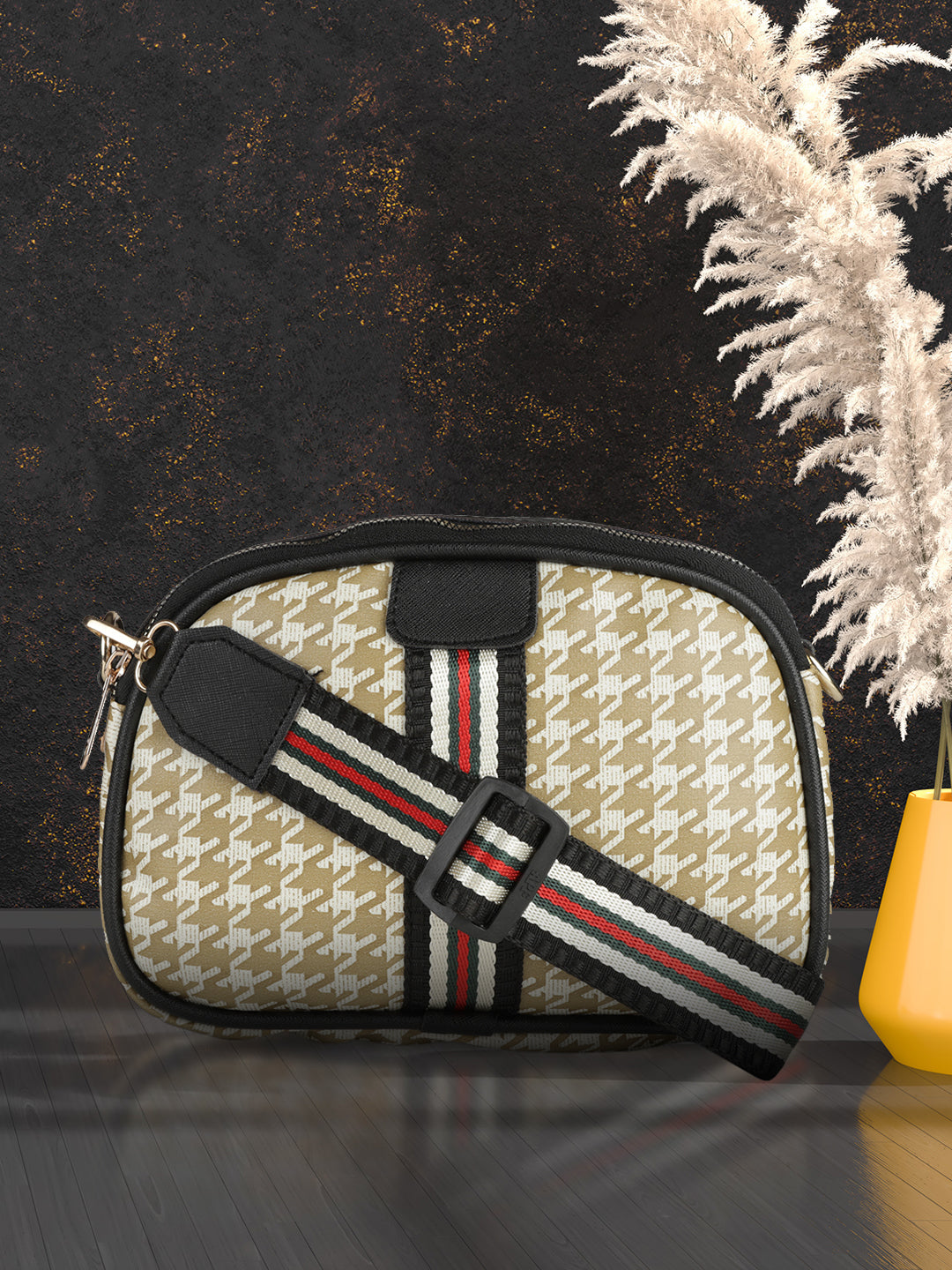 MINI WESST Beige Casual Checked Sling Bag(MWHB132BE)