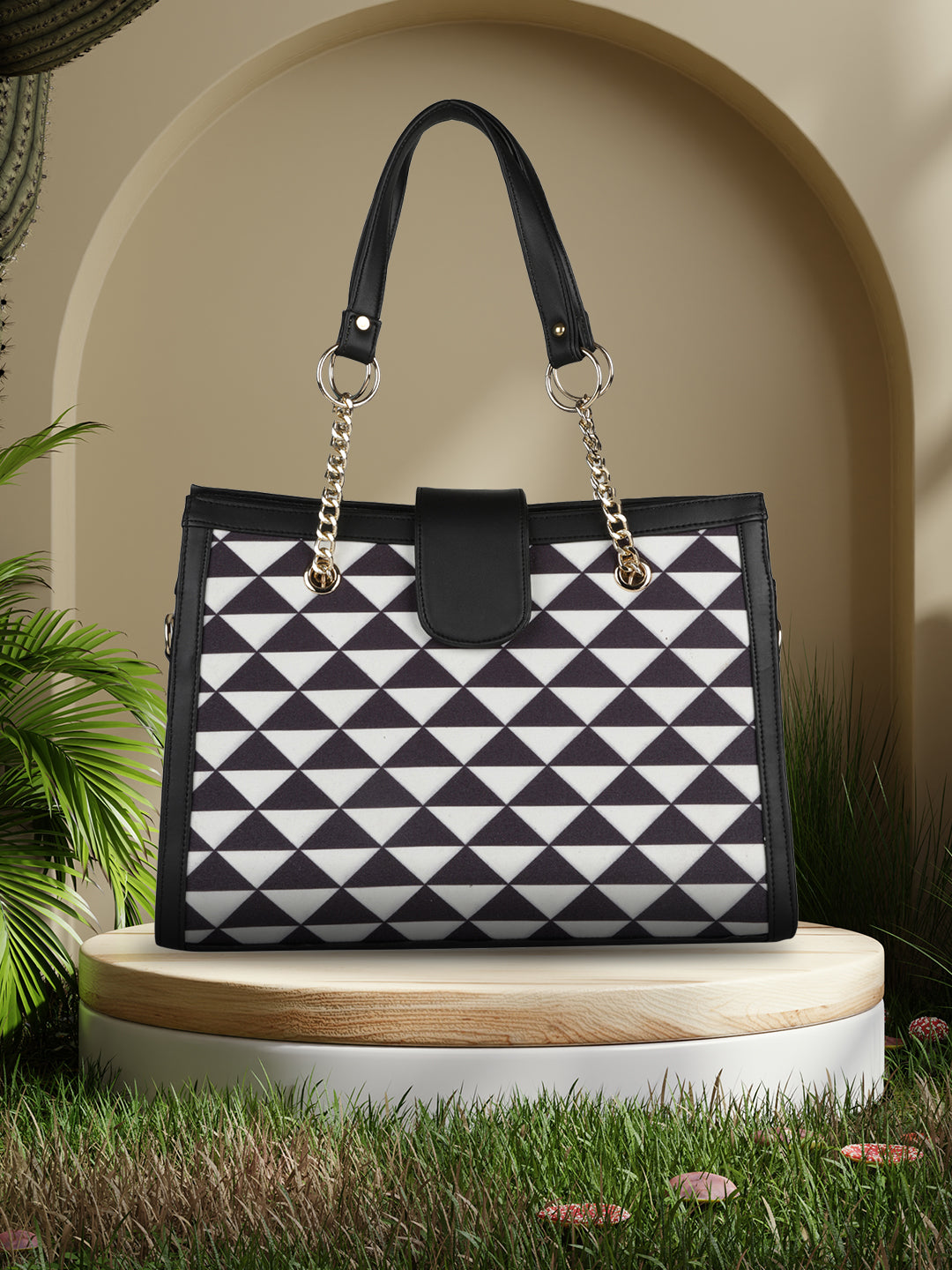MINI WESST White Casual Checked Tote Bag(MWTB053PR)