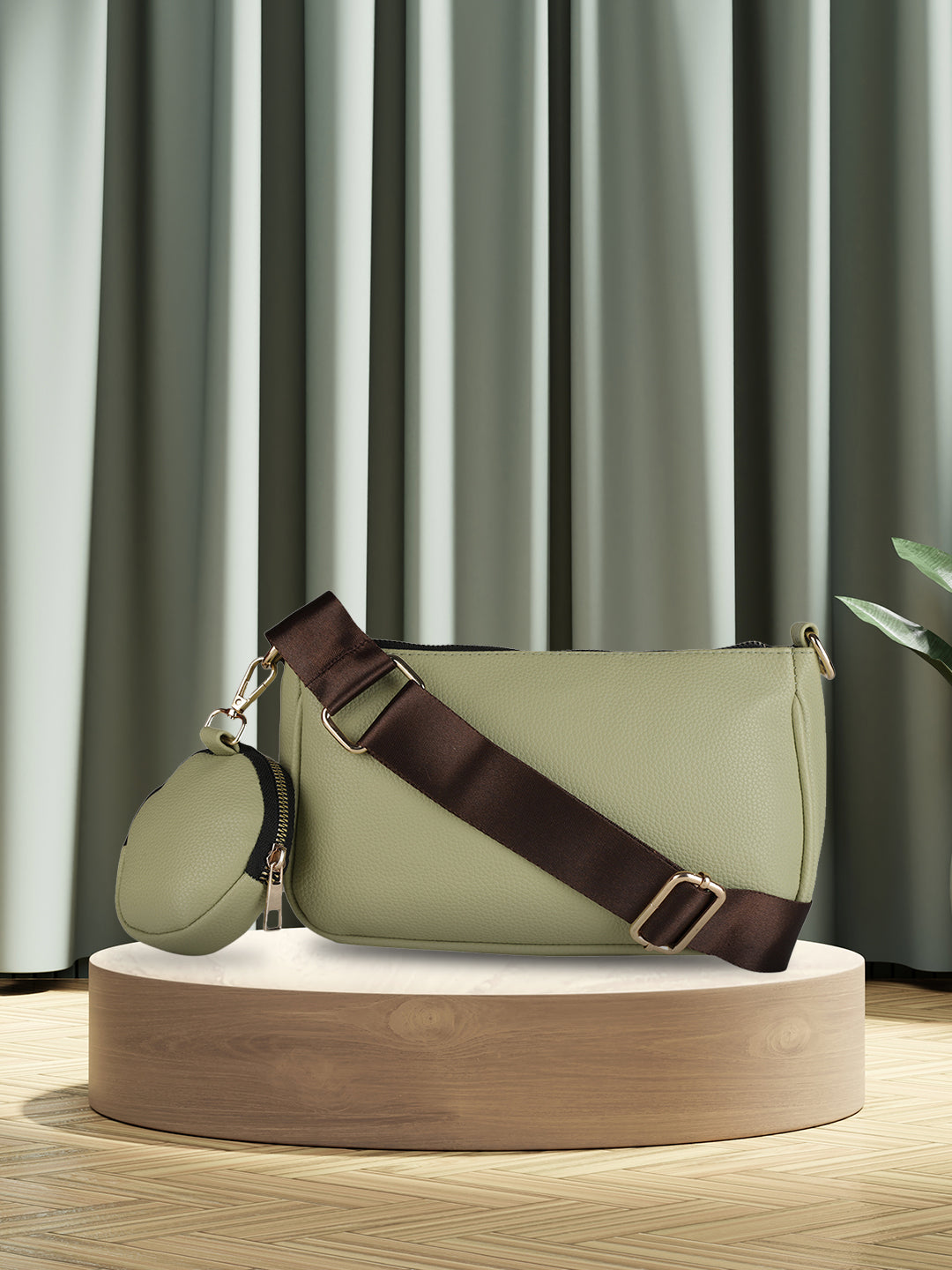 MINI WESST Green Casual Solid Sling Bag with Round Pouch(MWHB156GR)