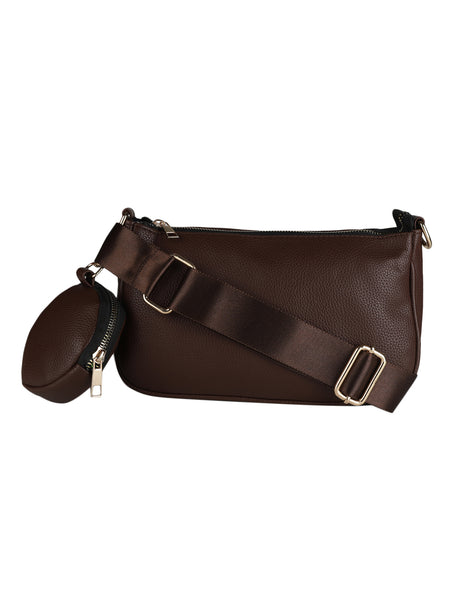 Brown Casual Solid Sling Bag with Round Pouch