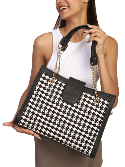 MINI WESST Black And White Textured Tote Bag(MWTB088MH)