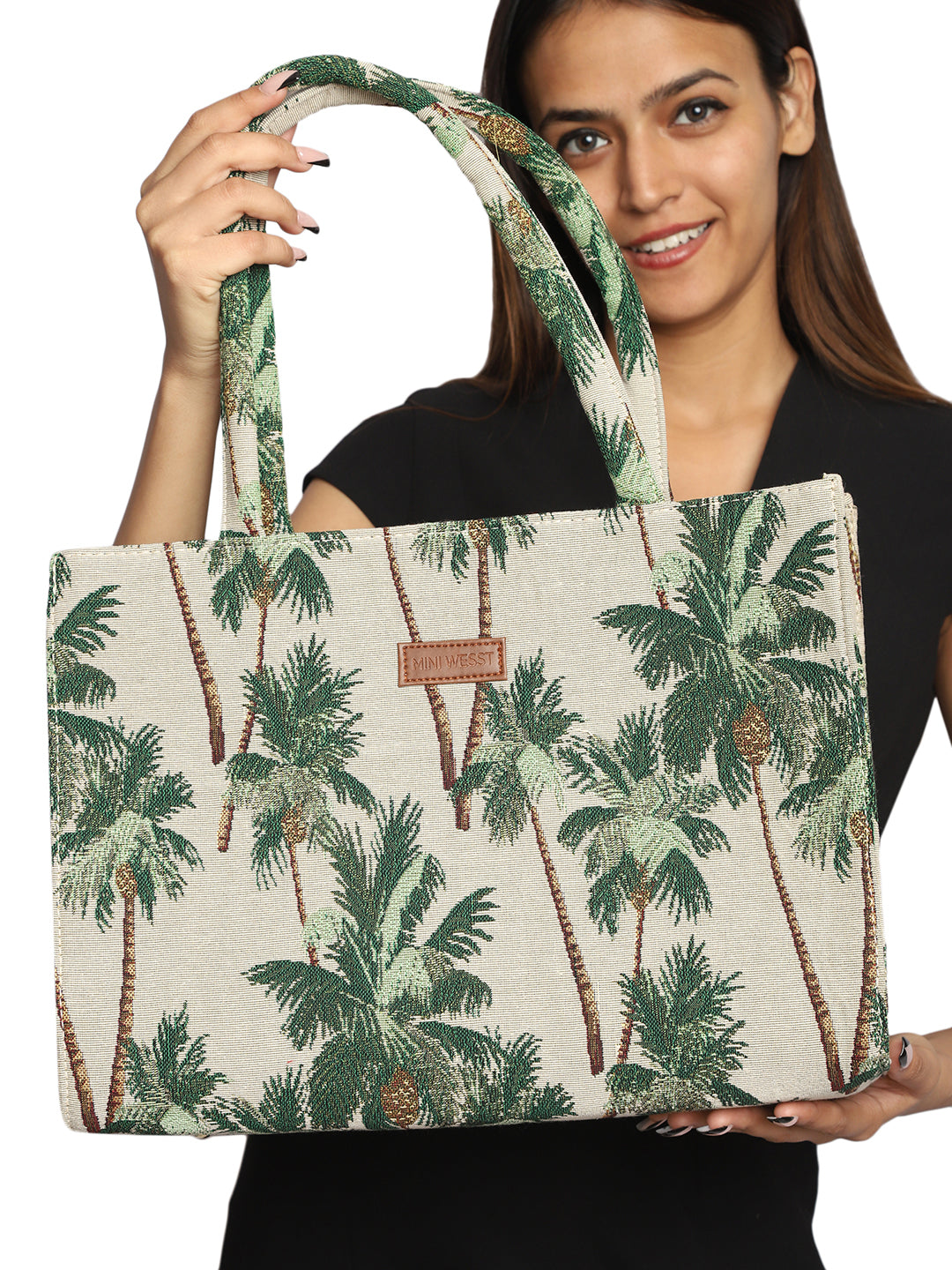 MINI WESST White And Green Graphic Tote Bag(MWTB120PR)