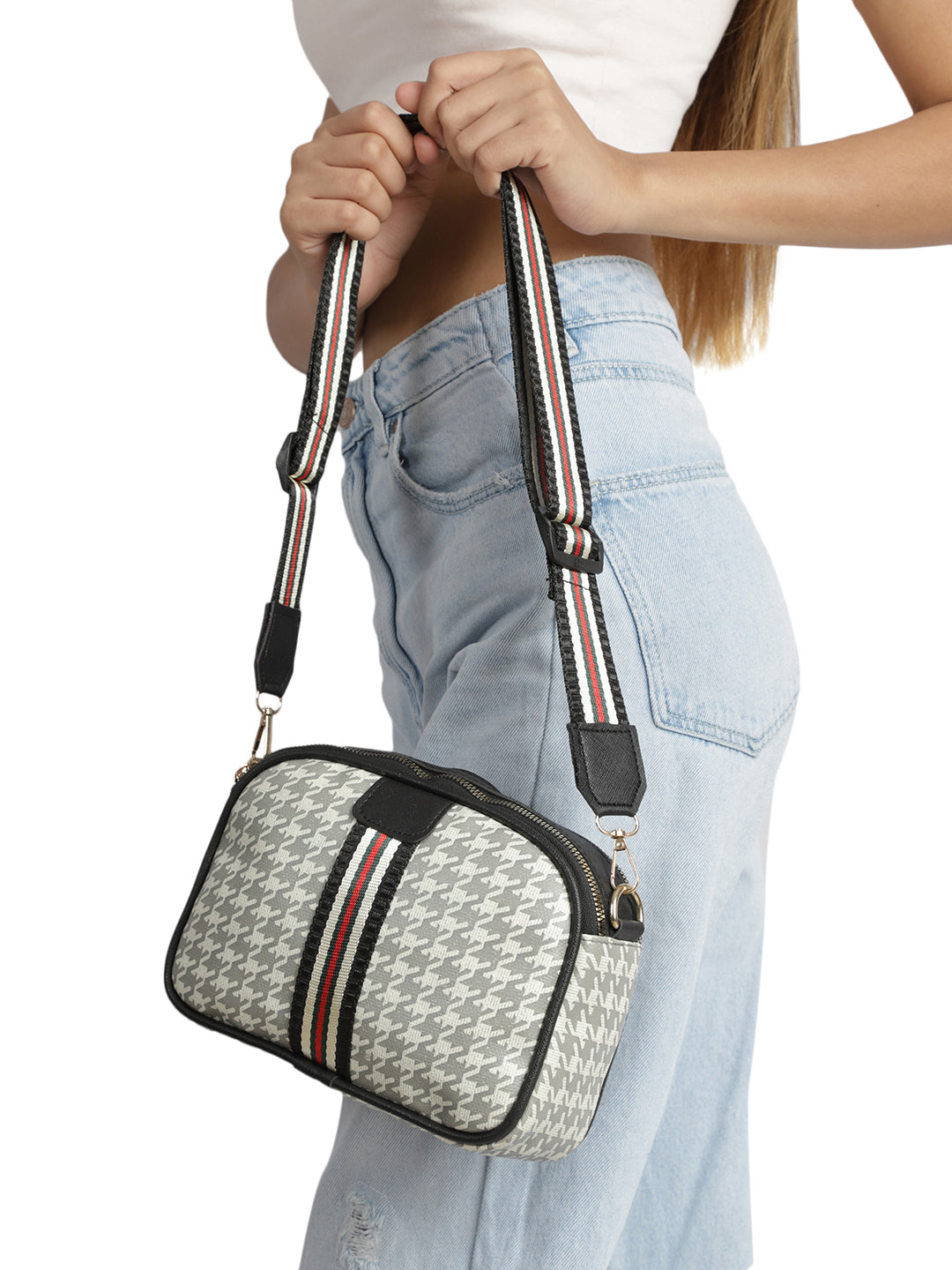 MINI WESST Grey Casual Checked Sling Bag(MWHB133GY)