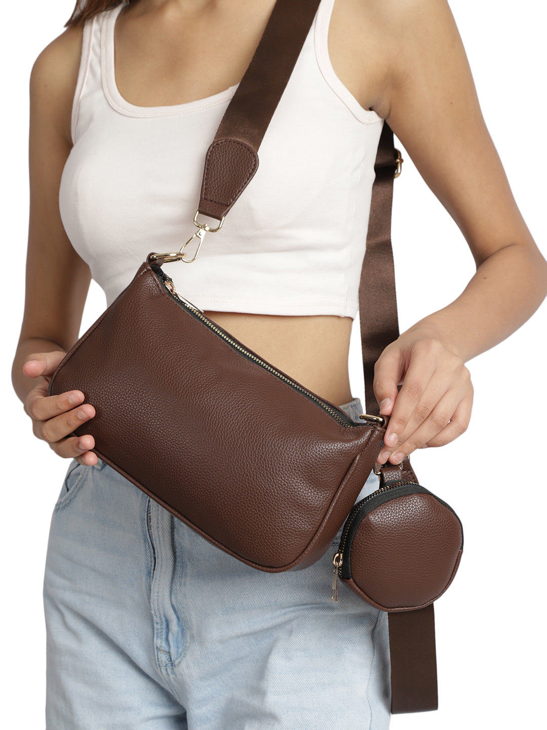 Brown Casual Solid Sling Bag with Round Pouch