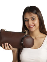 Brown Casual Solid Sling Bag with Round Pouch