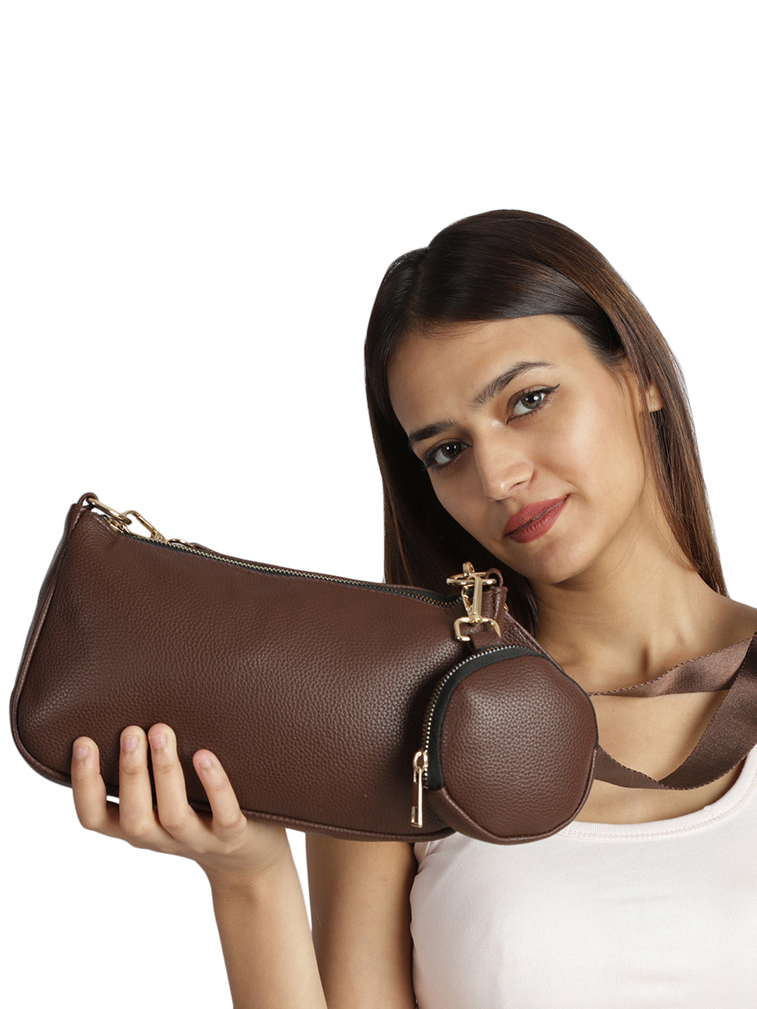 Brown Casual Solid Sling Bag with Round Pouch