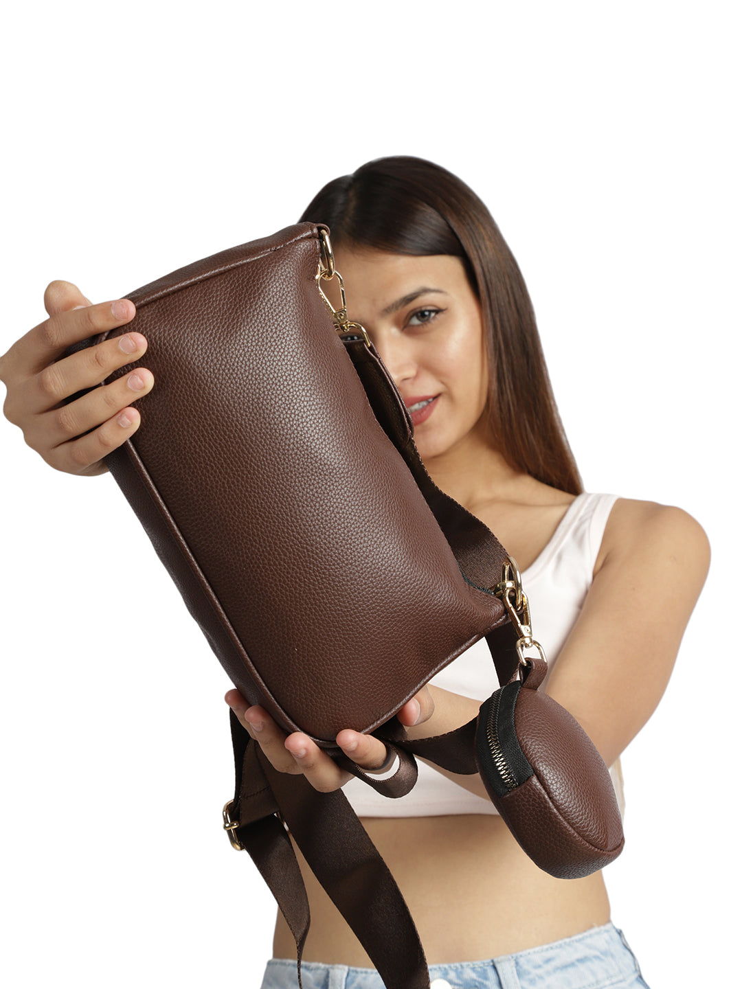 Brown Casual Solid Sling Bag with Round Pouch