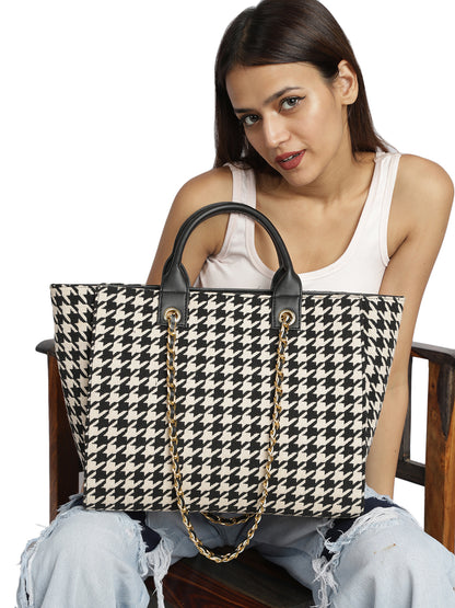 RIHANA TOTE HOUNDSTOOTH TOTE MINI WESST Black Casual Graphic Tote Bag(MWTB075PR)