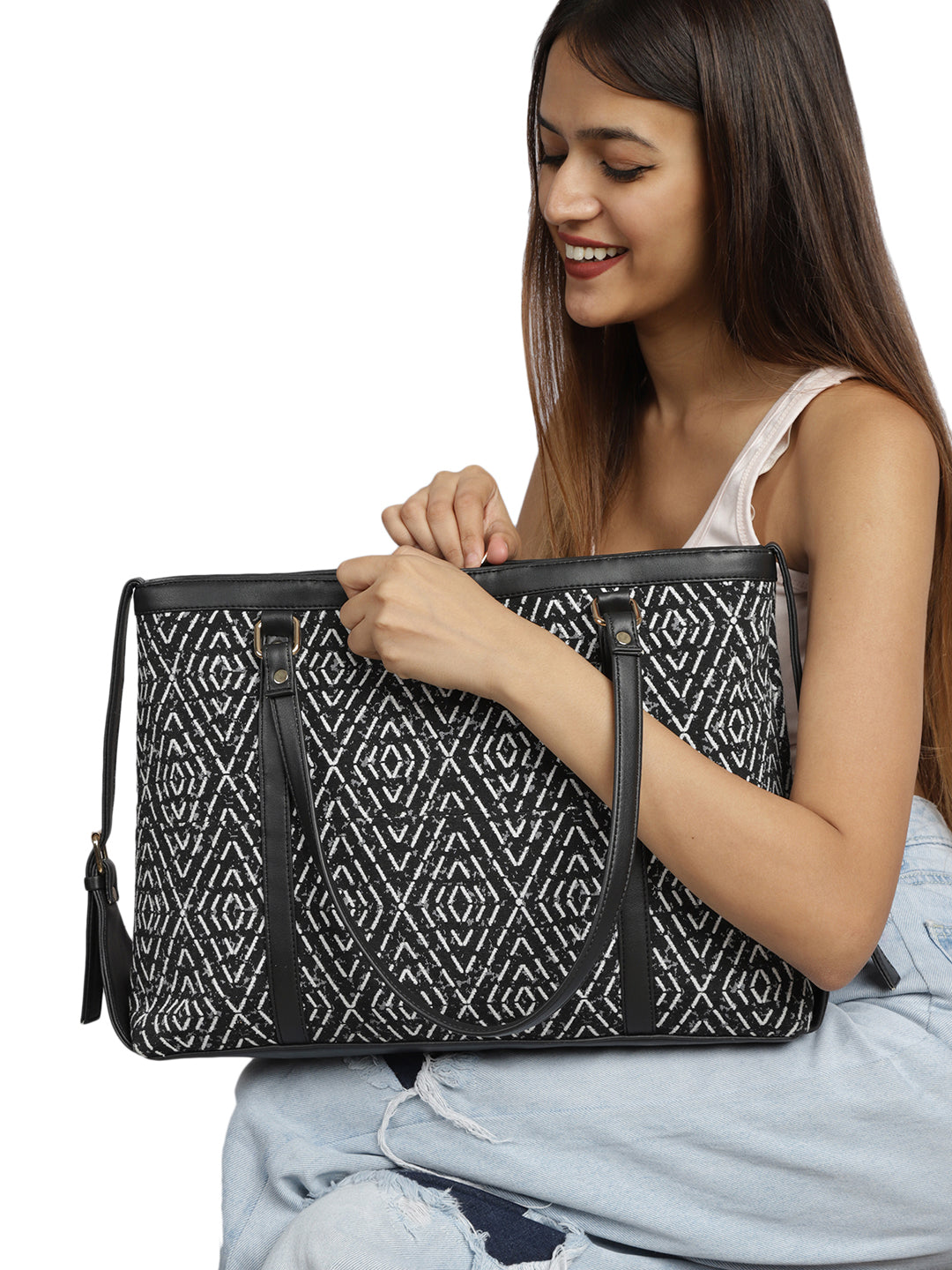 MINI WESST Black Casual Graphic Tote Bag(MWTB074PR)