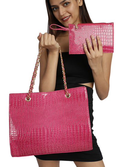 MINI WESST Pink Casual Solid Tote Bag with Moblie Pouch(MWTB055PK)