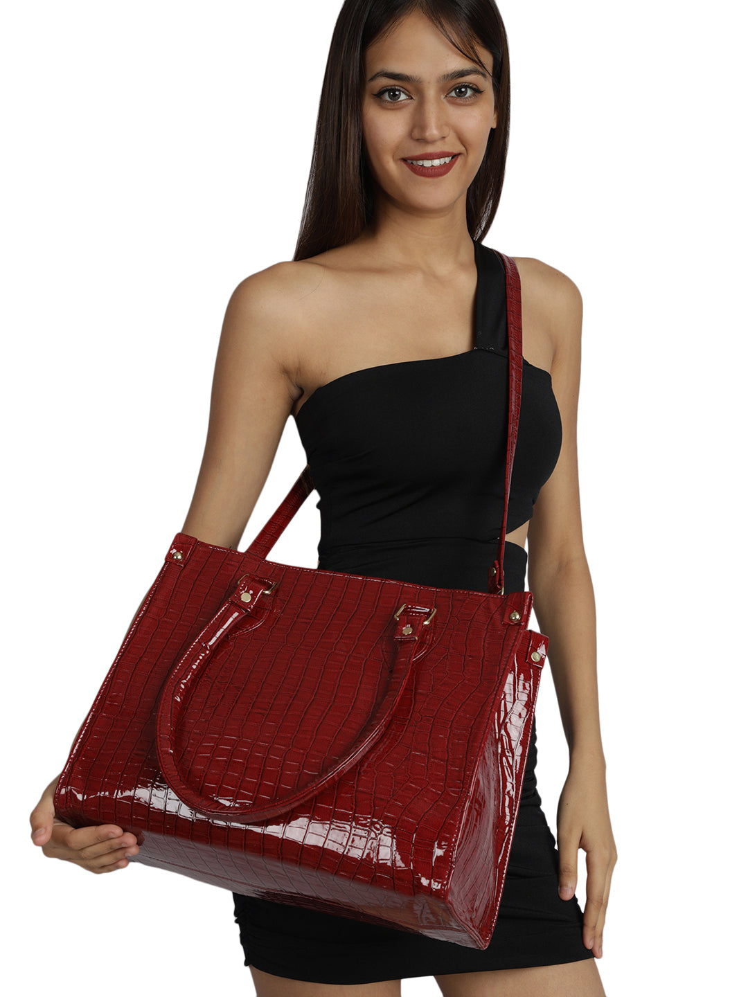 MINI WESST Red Casual Textured Tote Bag(MWTB060RD)