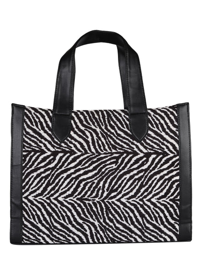 MINI WESST Black And White Textured Tote Bag(MWTB096ZEB)