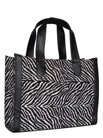 MINI WESST Black And White Textured Tote Bag(MWTB096ZEB)