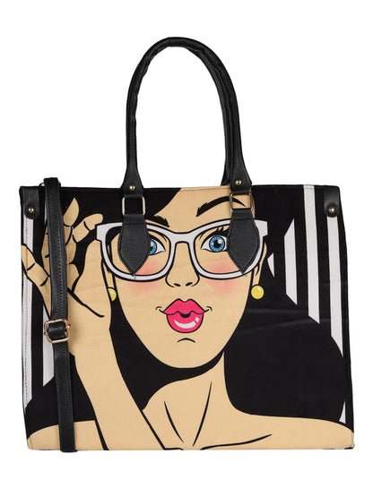 MINI WESST Black And White Graphic Tote Bag(MWTB100PR)
