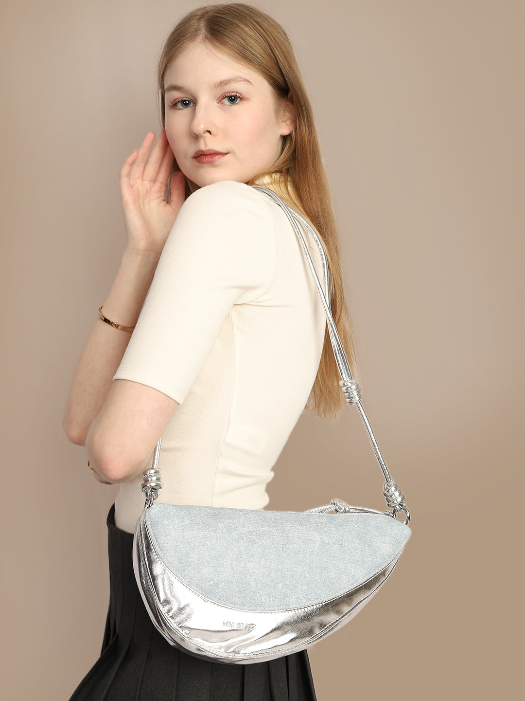 frill shoulder VANITY BAG／silver × denim Rome Denim Bag Silver Casual Shoulder Bag – Miniwesst