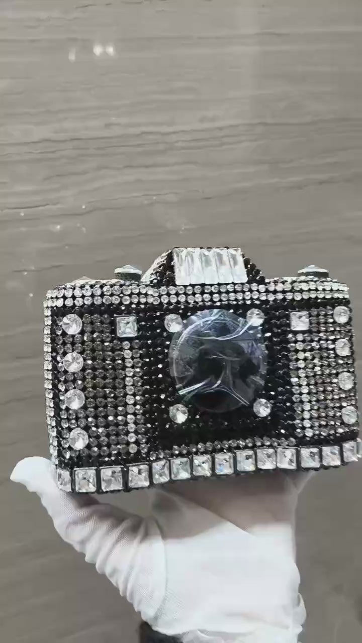 Camera Crystal Black Clutch